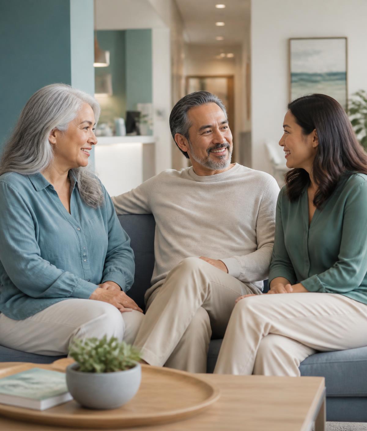 Three generations of adult family members together in the clinic waiting area