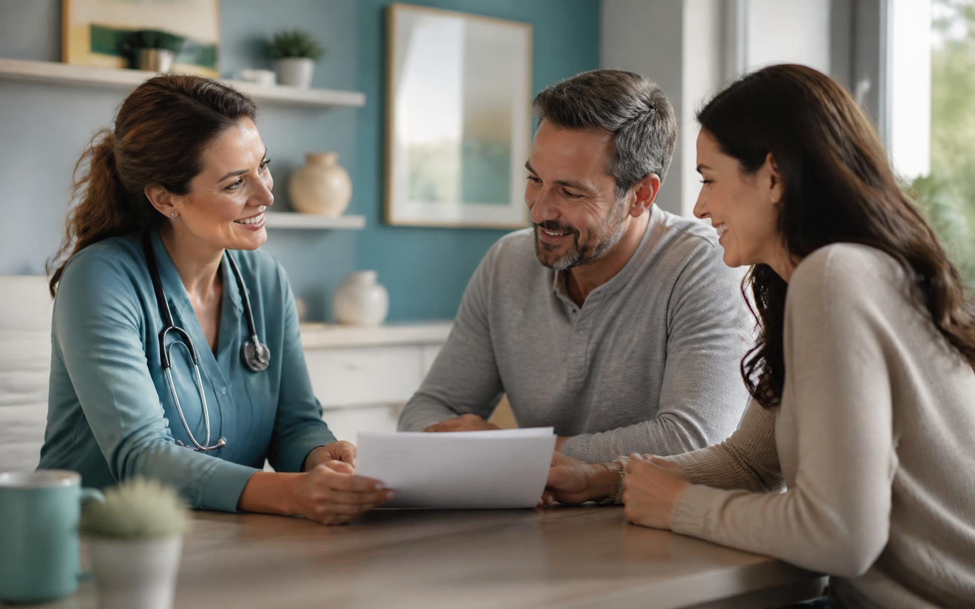 A physician reviewing results with an adult couple in a warm exam room