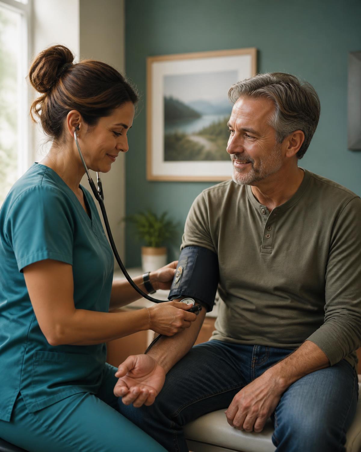 A nurse practitioner checking an adult patient's blood pressure