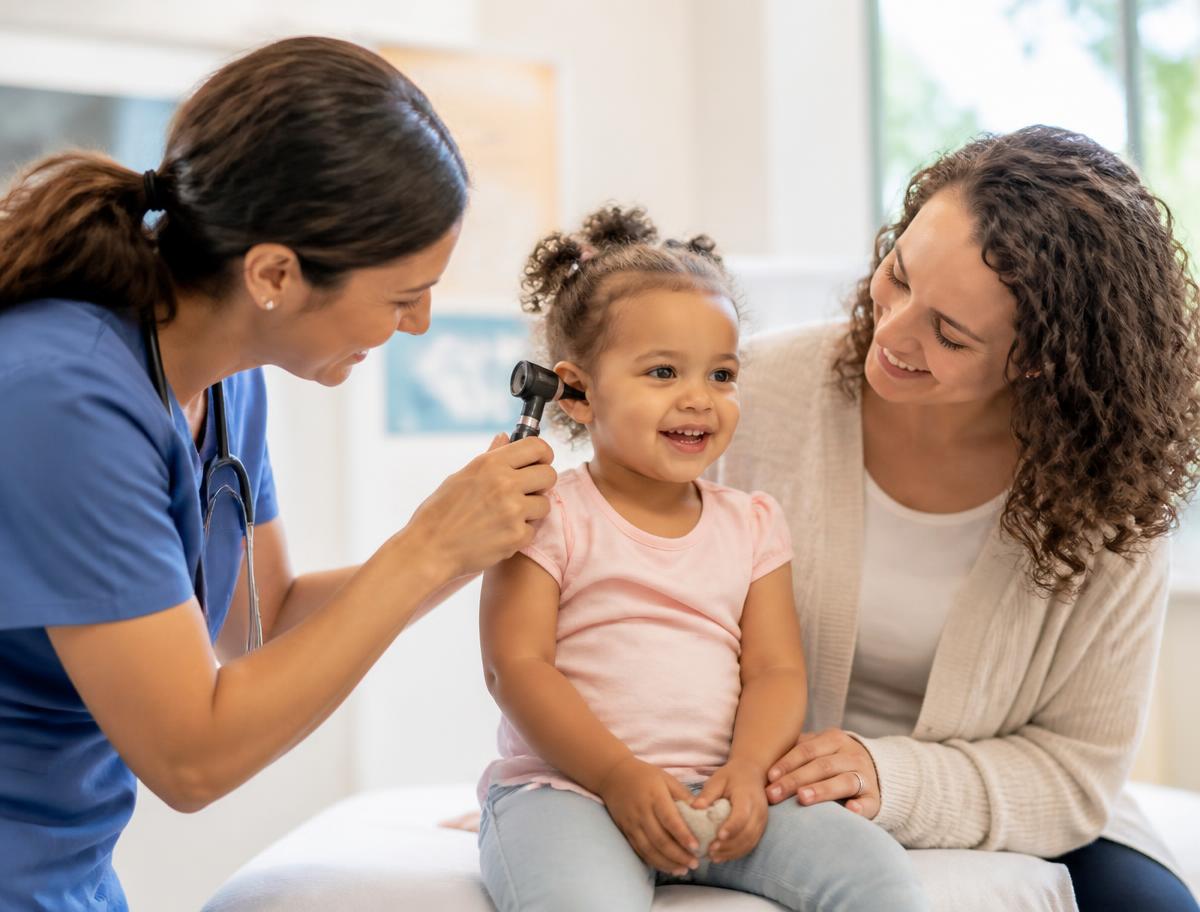 Nurse practitioner examining a smiling toddler at a well-child visit
