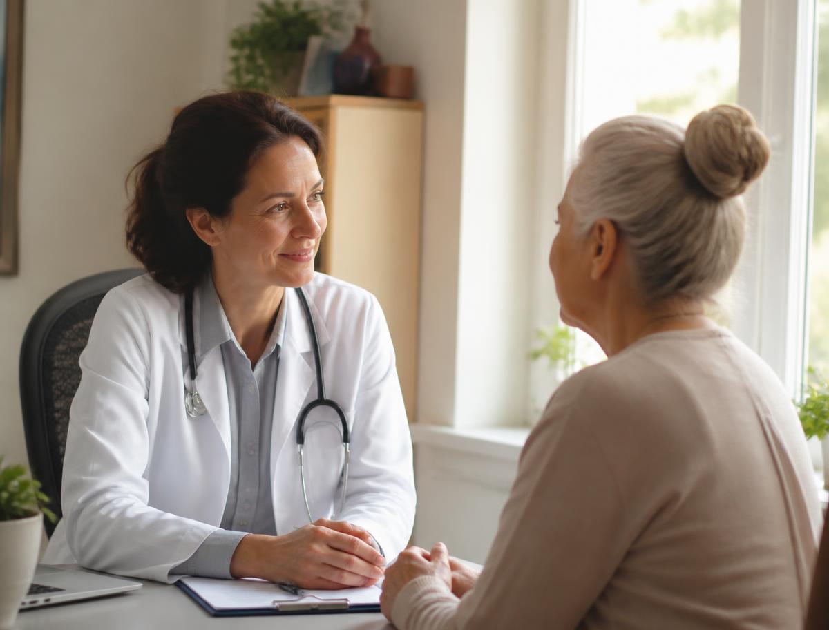 Physician talking with an older adult patient about her care plan